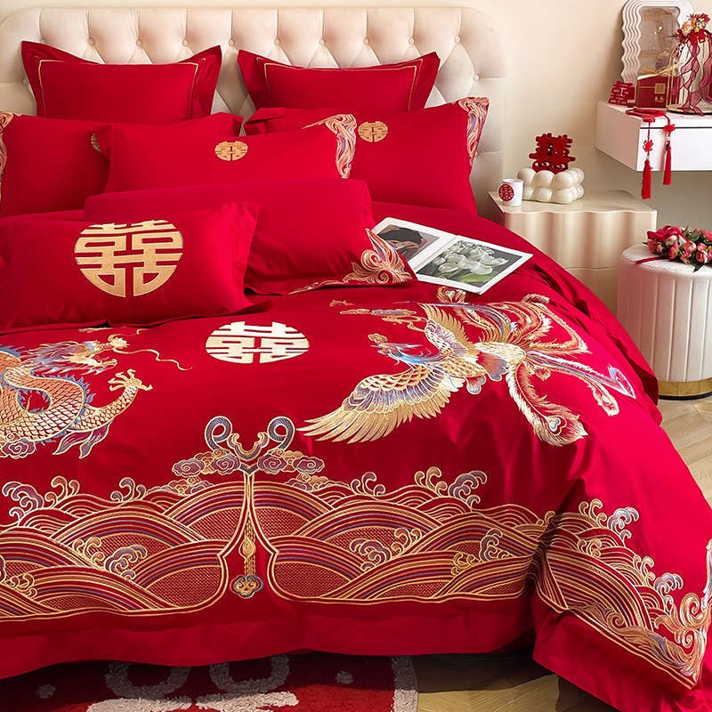 High-end red wedding four-piece set dragon and phoenix double happiness embroidered quilt cover bed sheet New House wedding wedding bedding