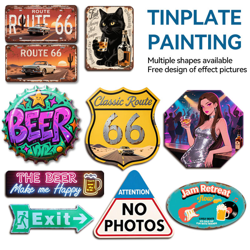 Tinplate Iron Painting Cross-Border European and American Retro Home Decoration Metal Painting Foreign Trade Bar License Plate Decoration Tinplate Painting
