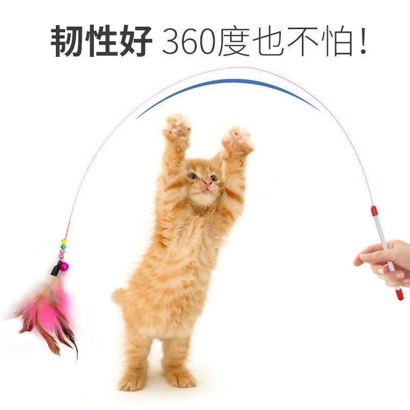 Cat Toy Teaser Stick with Steel Wire, Colorful Feathers, and Bell, Pet Cat Training Stick for Interaction