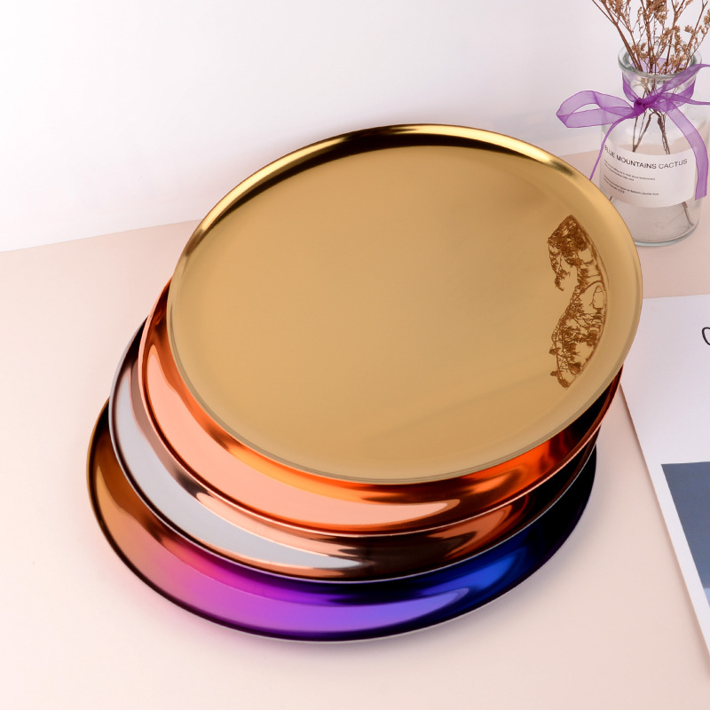 Factory wholesale metal round tray stainless steel disc golden decorative fruit tray tea tray metal storage tray
