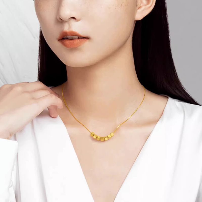 Small Sugar Cube Necklace 999 Pure Gold Pendant Pure Gold 3D Hard Gold Transfer Beads Water Shell Gold Live Broadcast Hot Gift for Girlfriend