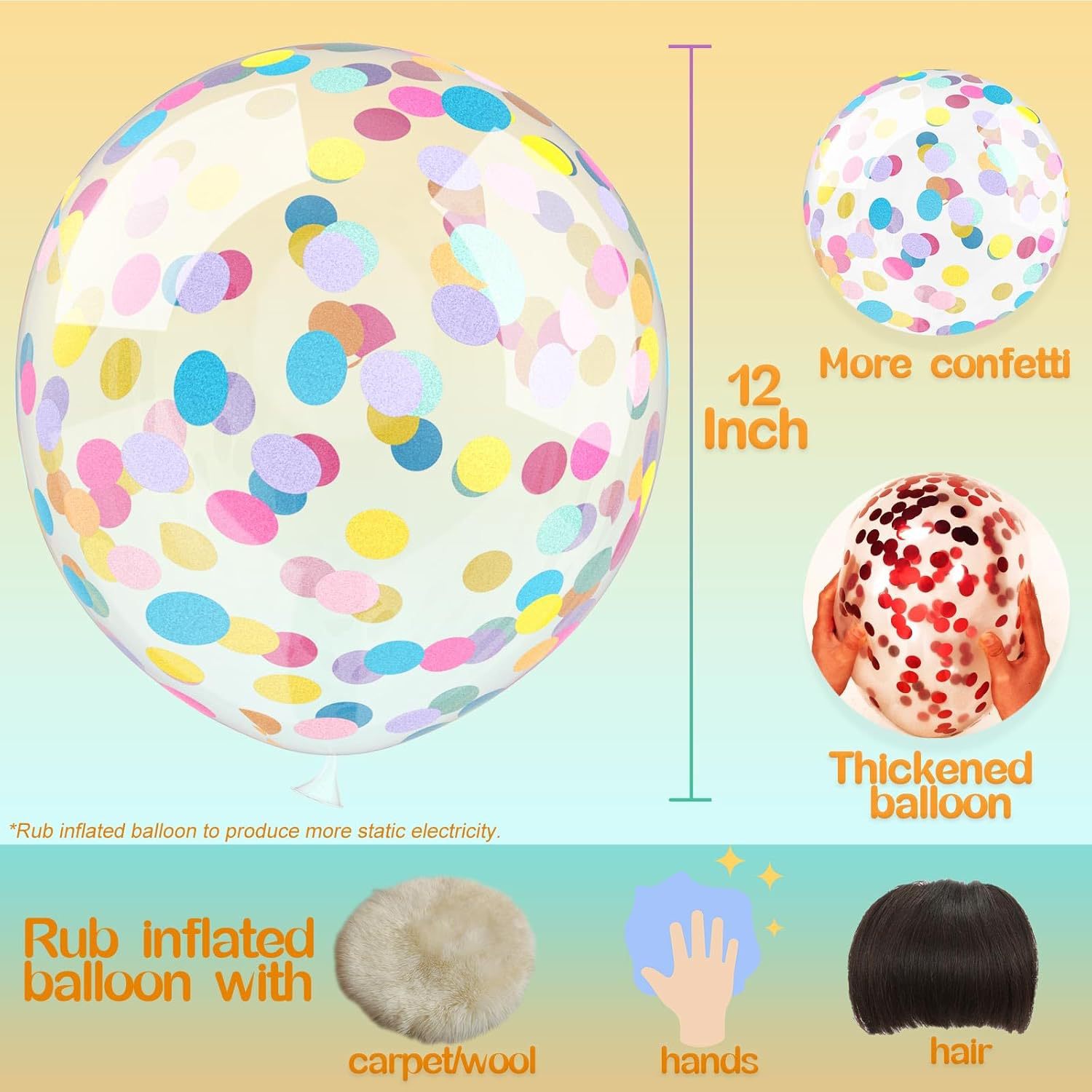 Rainbow Confetti Balloons, 25 30.48cm Thick Transparent Latex Balloons with Confetti Inside
