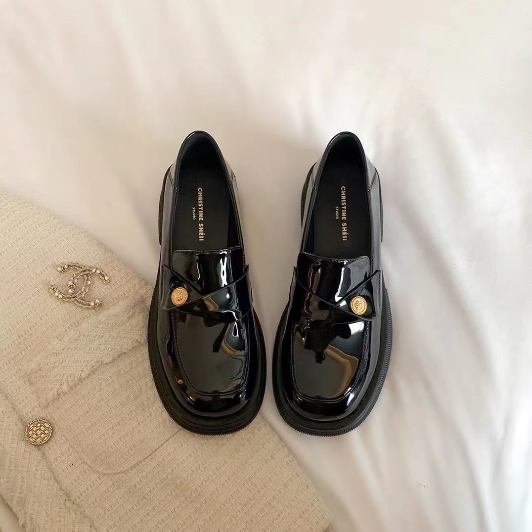 Trendy Versatile Shiny Leather Loafers 2025 New Korean Style Elegant Medium Chunky Heel Round Toe Thick-Soled Women's Shoes