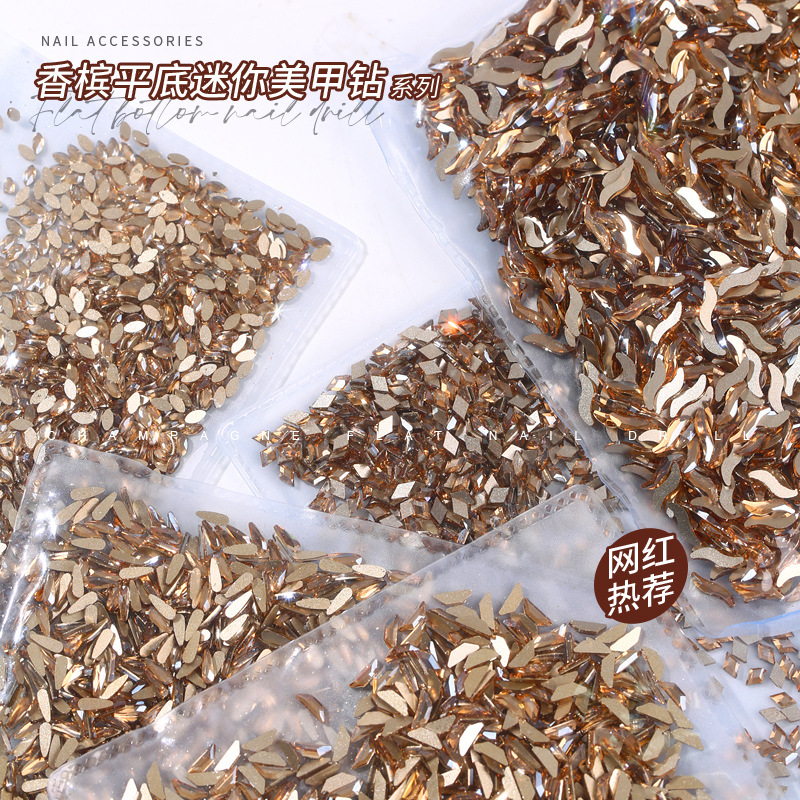 Mini small size flat shaped diamond large champagne color nail drill horse eye love k9 glass nail jewelry wholesale