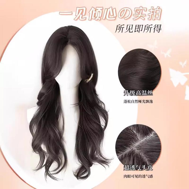 Wig Women's Long Hair Fake Hair Full Human Hair Eight-character Bangs Long Curly Hair with Big Wave Wig Full Head Cover Women