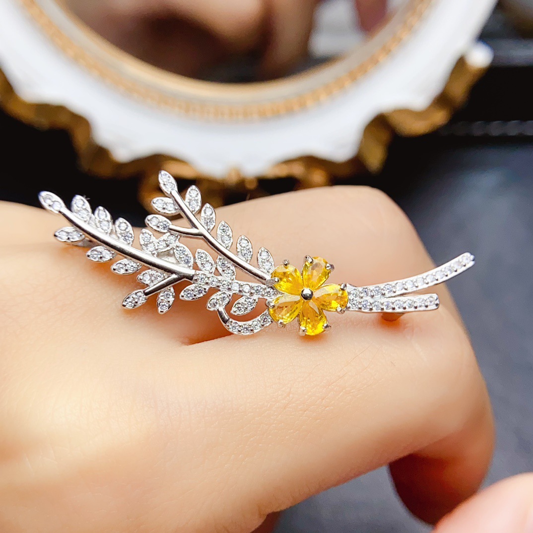 New natural yellow blue treasure brooch S925 silver inlaid main stone 3*4mm Joker net red explosions women's jewelry wholesale