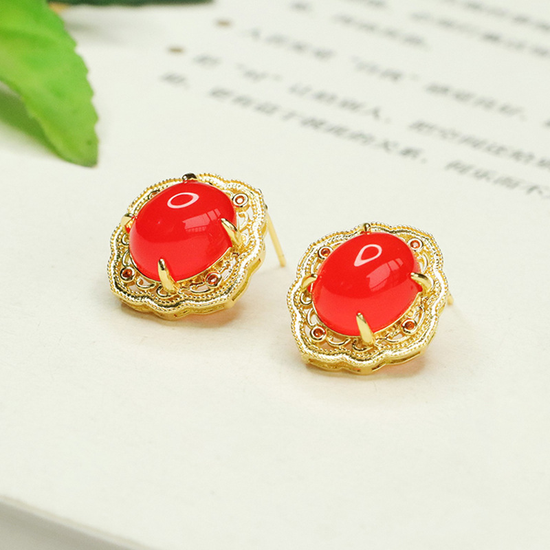 Aiyu Ice Green Chalcedony Earrings Red Agate Earrings Women's National Style Factory Wholesale Dropshipping S4013008