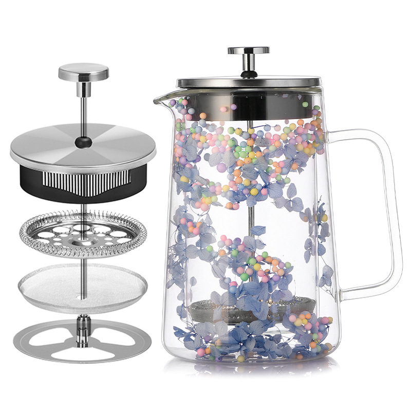 Dried Flower Double-Layer Glass French Press Pot, Heat-Resistant Coffee Pot, Insulated Coffee Utensil, Household Filter Tea Maker, Sharing Pot