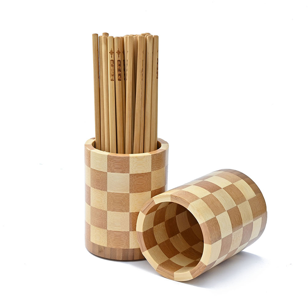 Wooden Round Desktop Chopsticks Holder Plaid Household Tableware Storage Box Engraving LOGO Restaurant Chopsticks Holder