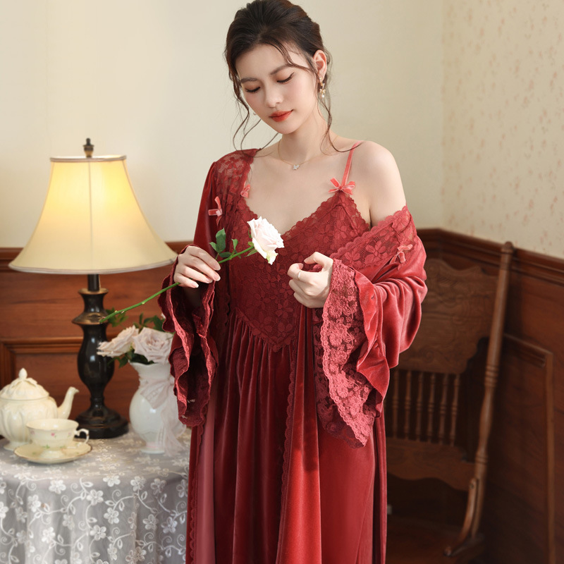 Long-Sleeved Nightgown for Women, Gold Velvet Nightgown, Bridal Dressing Gown, French Warm Pajamas, Can Be Worn Outside, Home Clothes Suit, Autumn and Winter