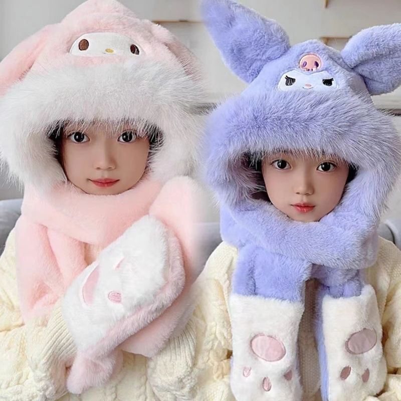 2025 Winter New Children's Hat Three-Piece Set Plush Cartoon Cute Baby Girls and Boys Scarf Integrated Thickened