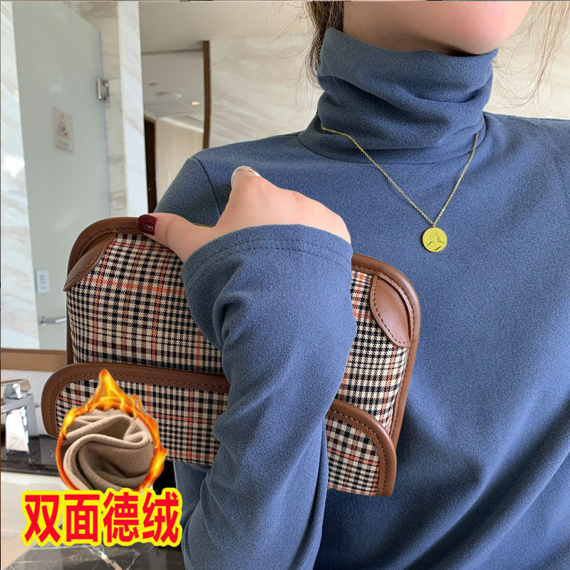 Double-sided Velvet High Collar Base Shirt Women's Autumn and Winter New Slim-fit Foreign-style Inner Thickened Warm Long-sleeved T-shirt for Women