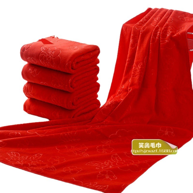 Factory wholesale big red bath towel ultra-fine fiber wedding return embossed Xi word absorbent thick soft 70*140