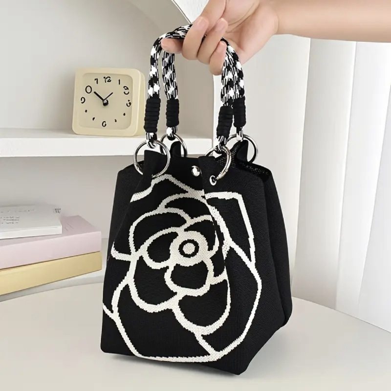 Japanese and Korean New Camellia Flower Knitted Handbag Large Capacity Bucket Bag Casual Versatile Commuter Portable Handbag