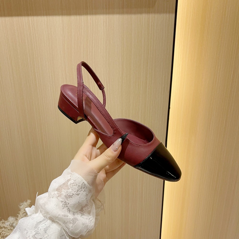 Burgundy Small Fragrant Style Thick Heel Single Shoes for Women with Back Strap Square Toe Color Matching Medium Heel Hollow Toe Sandals Versatile