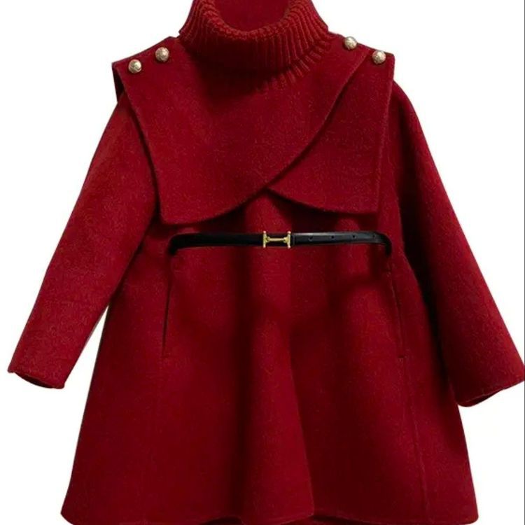 Girls' Woolen Coat 2025 New Winter Style for Older Children, Fashionable Detachable Cape Woolen Coat Trendy
