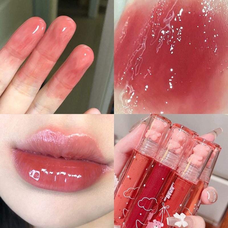Domestic makeup ~ bear Crystal frozen strawberry glossy lip glaze mirror white all-match glass doodle lip lipstick wholesale