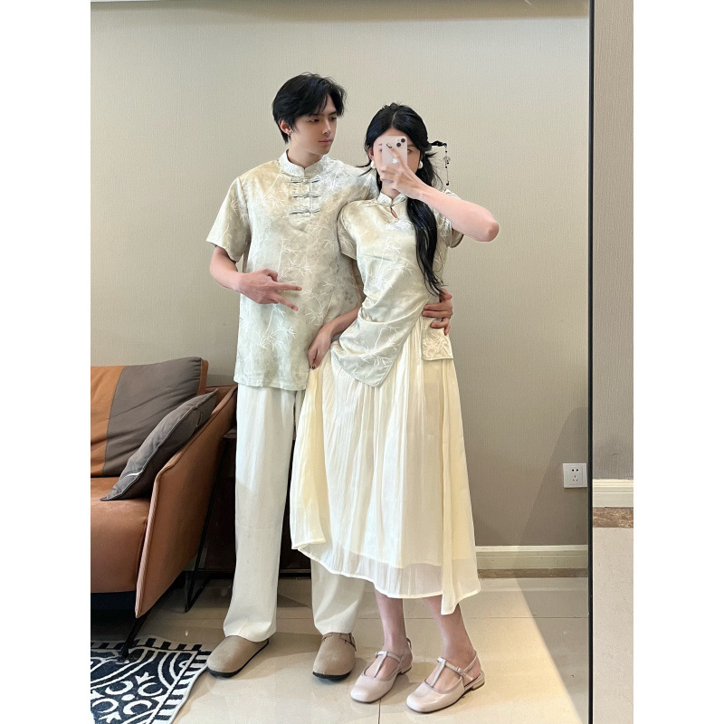 2025 summer lovers new fake two-piece new Chinese women's short-sleeved dress antique men's short-sleeved T-shirt shirt