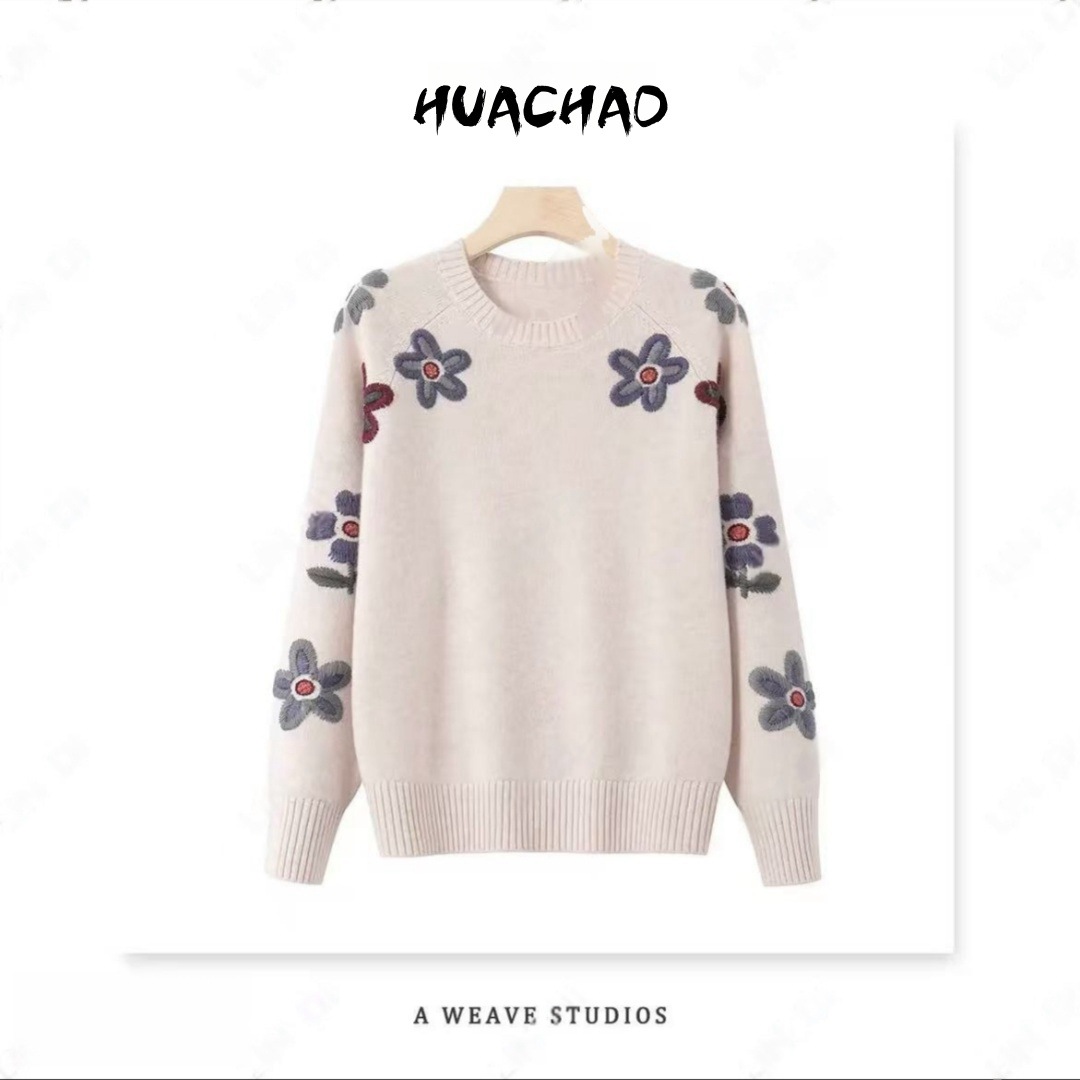 [Цветы подсолнечника] Гладкий свитер с классическим стерео цветком—14207