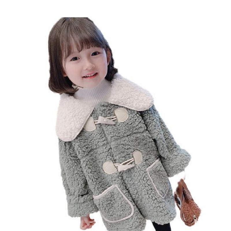 6020 girls' coat lambswool horn buckle composite polar fleece thickened top 23 Winter new foreign trade children's clothing