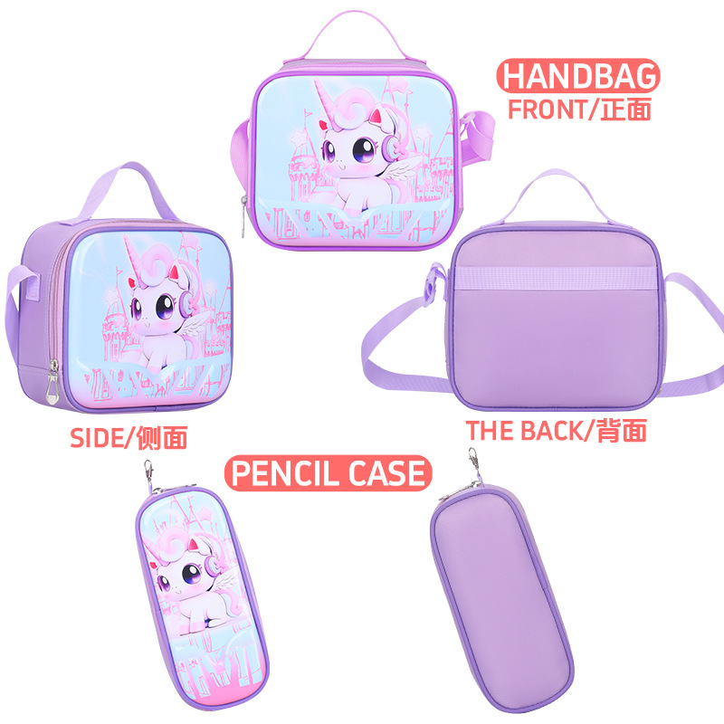 2024 new factory direct primary school student trolley bag lunch bag pen bag 3D leather three-piece set for children