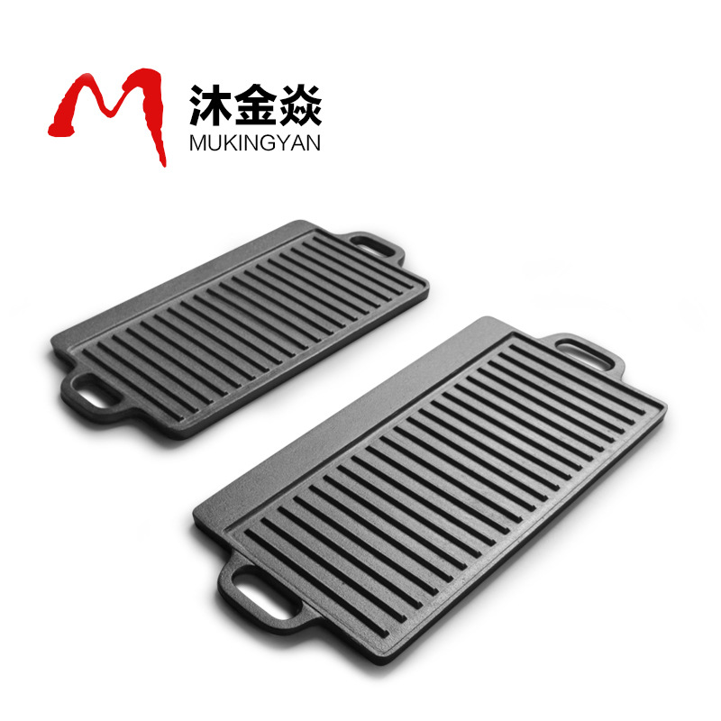 Чугунная сковорода для теппаньяки, прямоугольная барбекю-сковорода для дома и на улице, двойная сковорода для стейков и осьминога