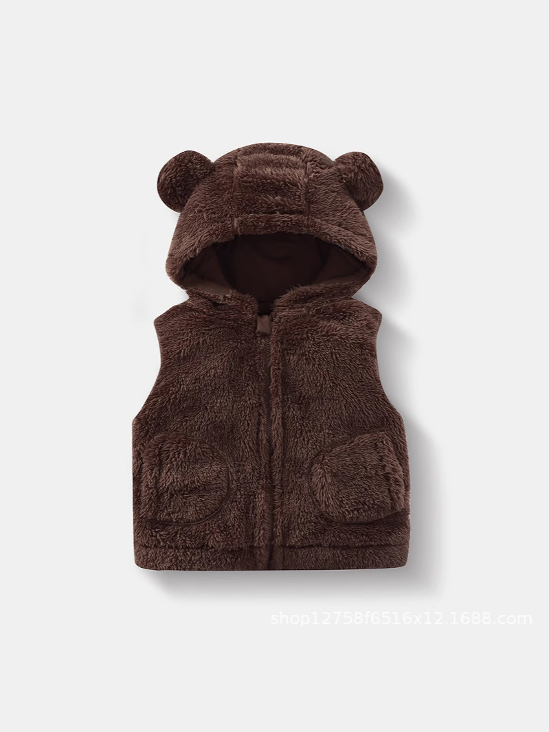 Children's Vest Autumn and Winter New Plush Hooded Zipper Half Bear Outer Wear Inner Wear Sleeveless Jacket Home Top