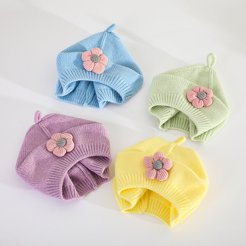 Baby Hat Autumn and Winter Women's Baby Cute Flower Beret Children's Wool Hat Girls' Knitted Painter Hat Trendy