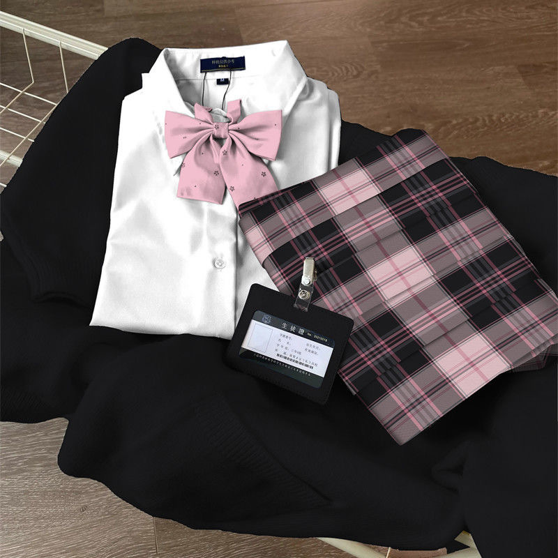 [Powder Fog Sea] jk Uniform Original Lattice Skirt Academic Style Women's Pleated Skirt Skirt Black Powder Student