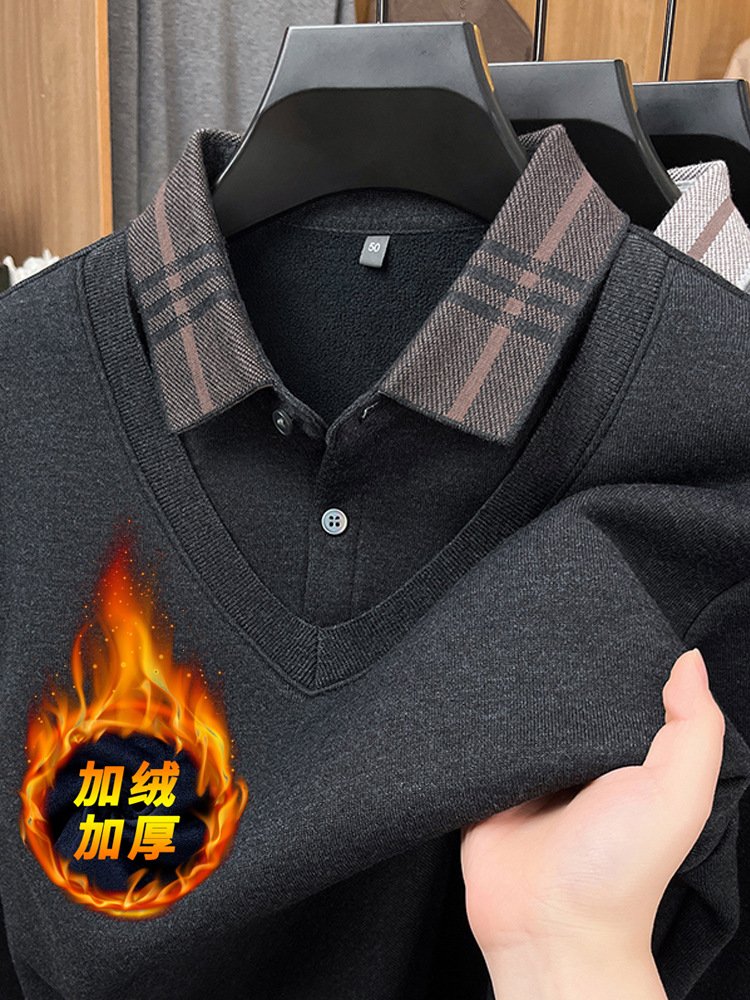 Dad's Winter Sweater with Fleece Lining, Thickened Two-In-One Design for Middle-Aged Men, Casual Shirt Collar, Warm Knitted Base Sweater