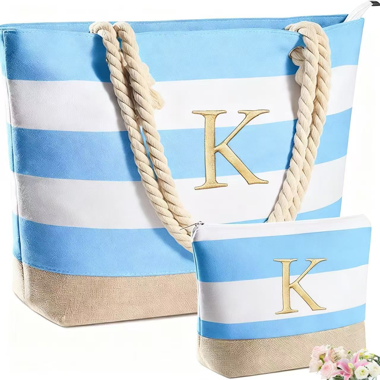 Waterproof Cross-Border Striped Beach Bag, Cotton Rope Handbag, Shoulder Bag, Travel Bag, Large Capacity Mother-Daughter Bag, Tote Bag, Lightweight