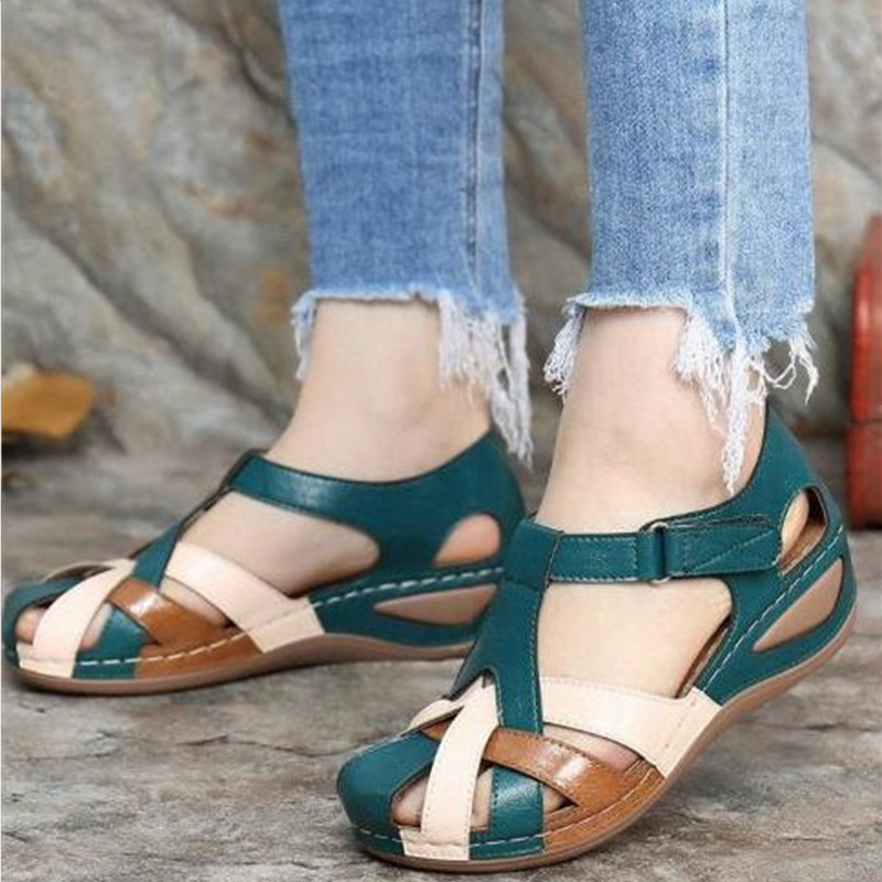Foreign Trade Large Size 2021 Summer New European and American Retro Round Toe Wedge Women's Roman Shoes Cross Buckle Women's Sandals