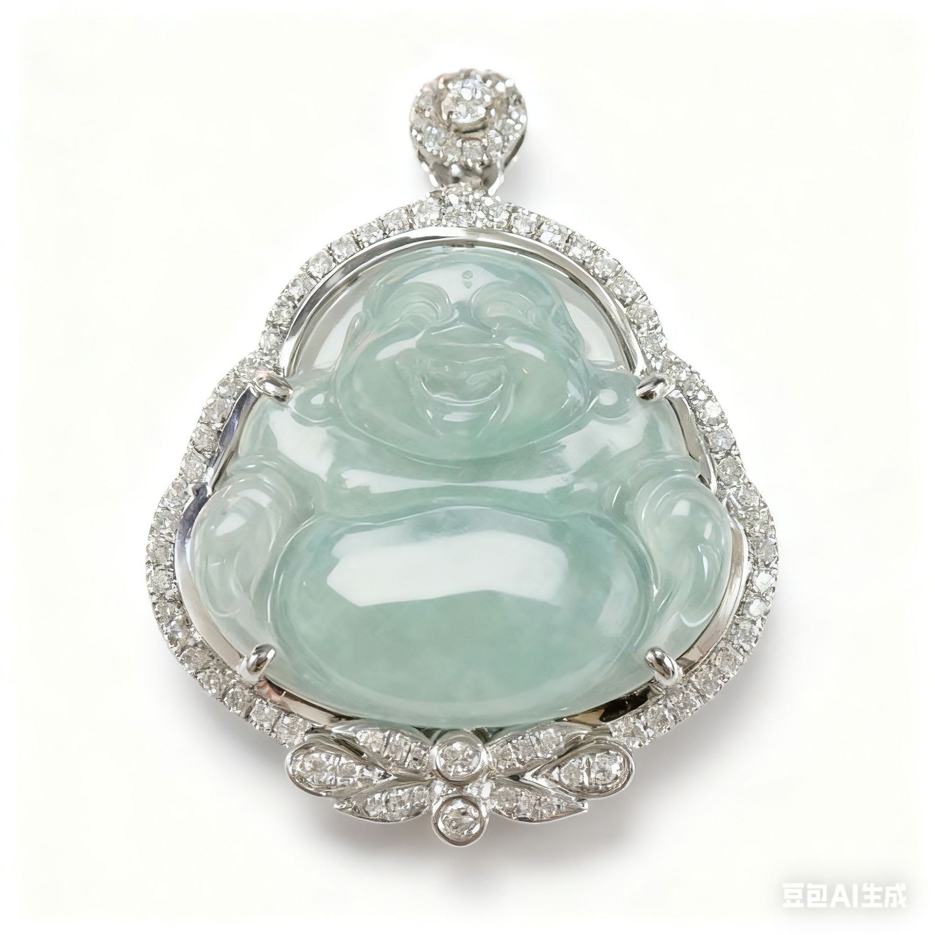 Platinum Pt950 Cultivated Diamond Jade Smiling Buddha Inlaid Full Diamond Pendant
