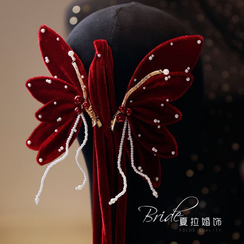 New Elegant Bride Burgundy Butterfly Hairpin Set Bridal Dress Toast Dress Headdress Photo Style with Fragrance