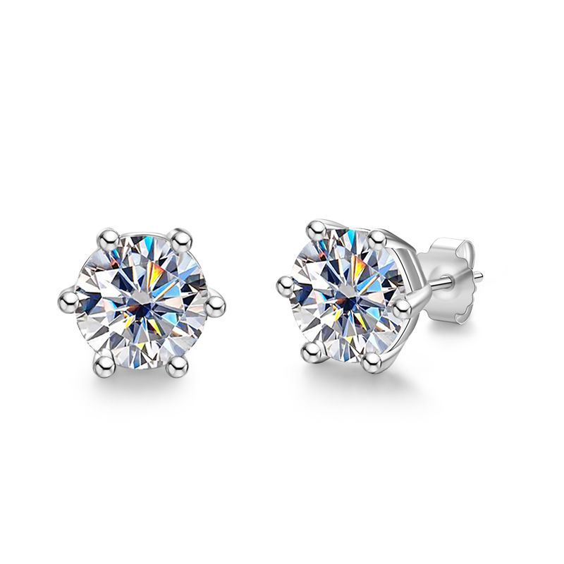 Cross-Border Classic Six-Claw Four-Claw D Color Moissanite Earrings for Women 925 Sterling Silver Earrings for Daily Use, Simple and Fashionable Ol