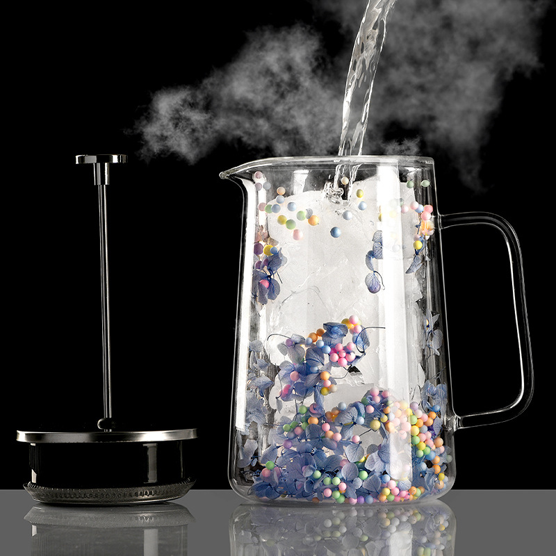 Dried Flower Double-Layer Glass French Press Pot, Heat-Resistant Coffee Pot, Insulated Coffee Utensil, Household Filter Tea Maker, Sharing Pot