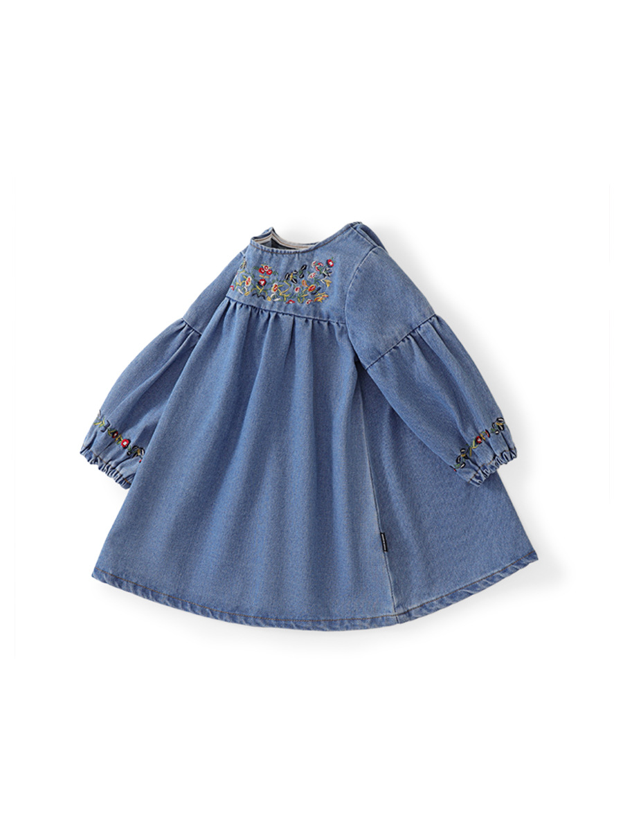 MDD New Girls' dress 2024 New Children's Clothing Baby Cute Denim Long Sleeve Embroidered Flower Denim Skirt