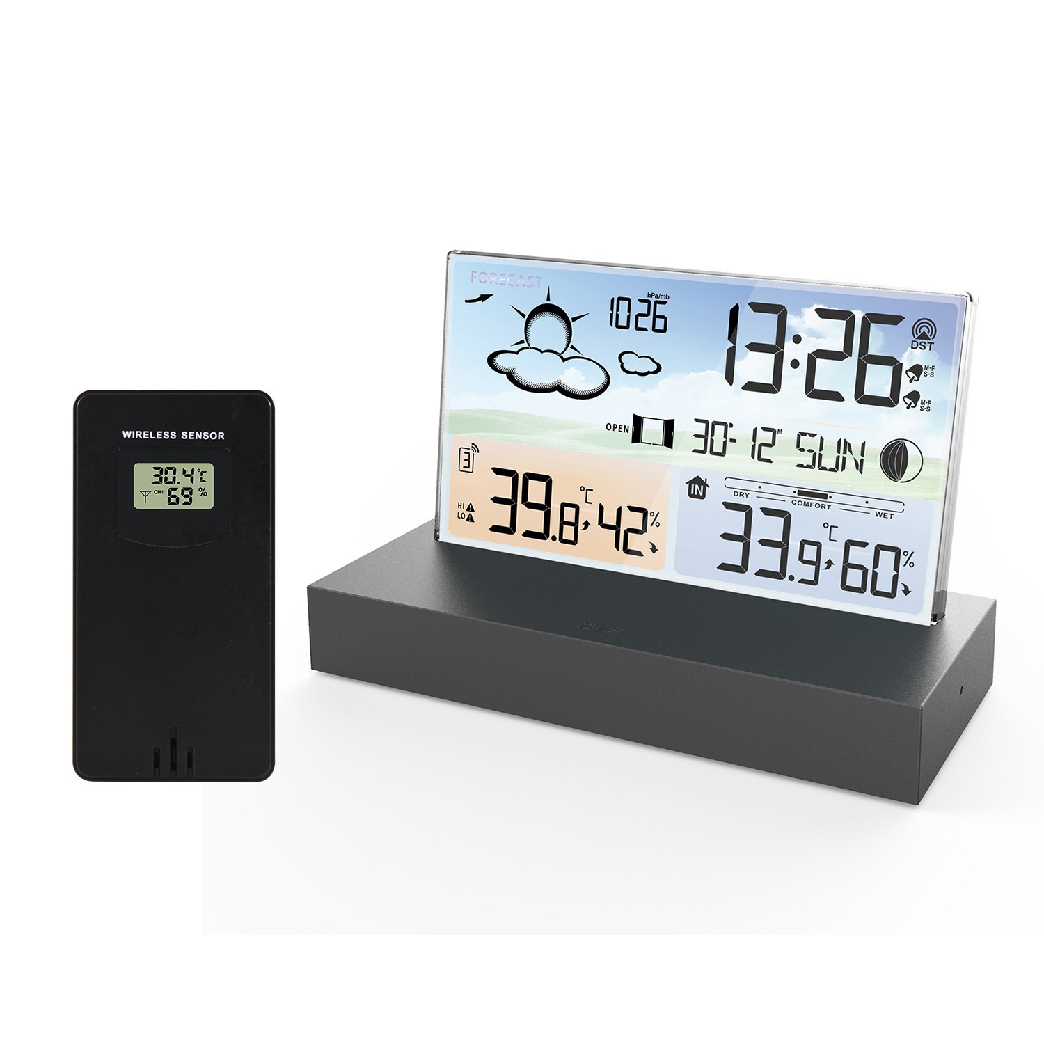 Cross-Border New Product Transparent Glass Weather Clock 3396C Color Screen Rf Wireless Multi-Function Weather Forecast Digital Alarm Clock