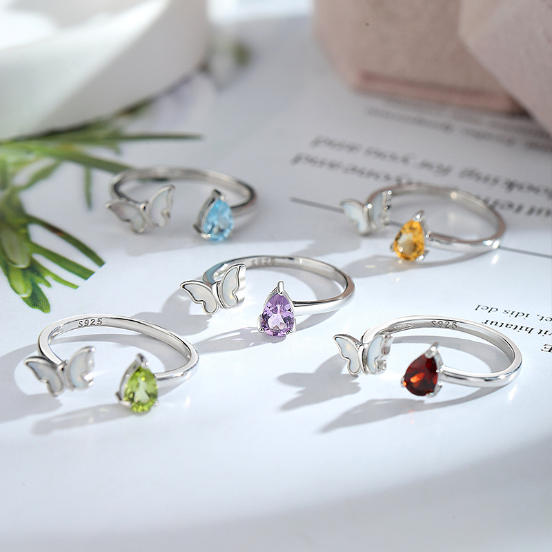 New Chinese-Style Mother-Of-Pearl Butterfly Ring Niche Natural Crystal Stone S925 Sterling Silver Adjustable Versatile Ring