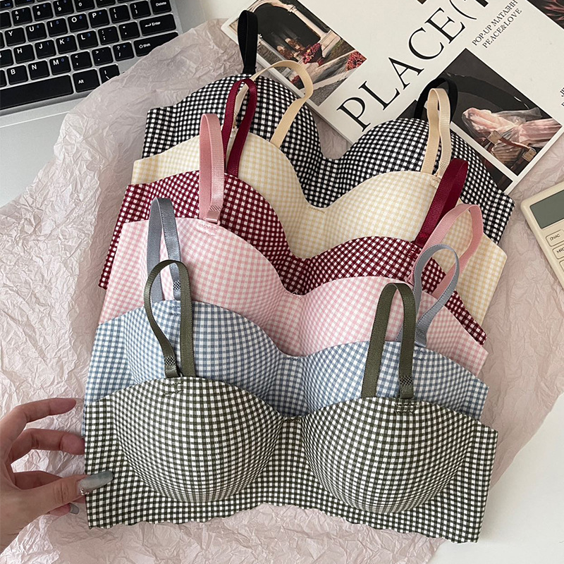 Cross-border wholesale classic plaid girls raw bra gathered palm cup underwear bra no steel ring no trace one piece