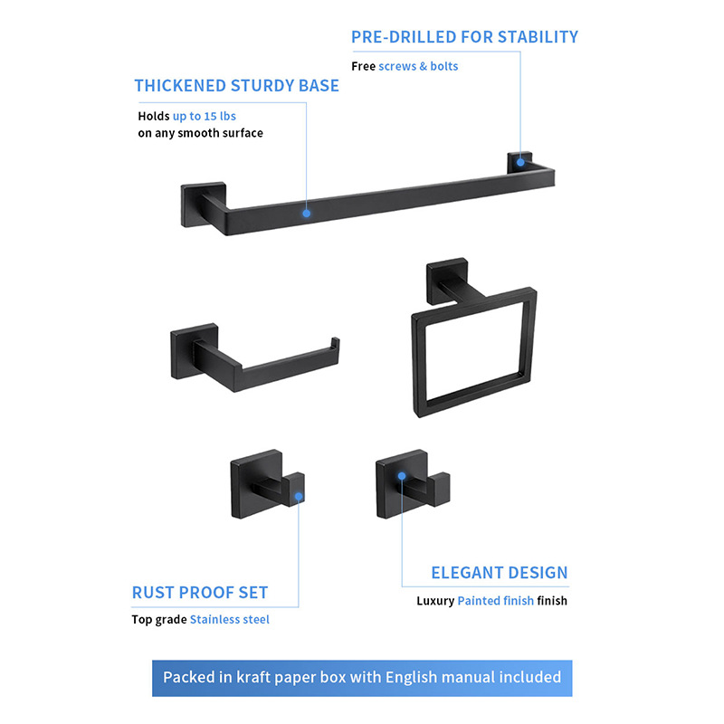 Cross-border Stainless Steel Bathroom Towel Rack Towel Rack Towel Bar Bathroom Five-piece Pendant Bathroom Square Tube suit