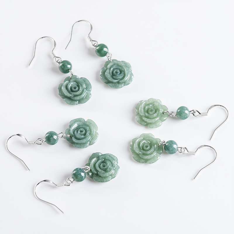 genuine goods natural A goods jade beans green rose earrings S925 silver ice jade stone fashion women's earrings earrings