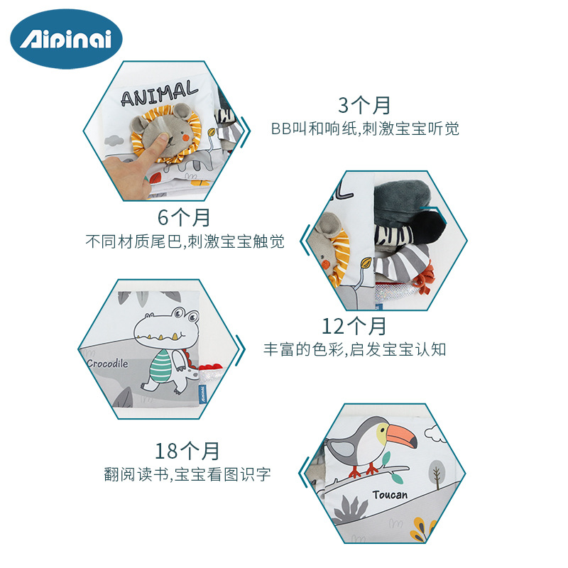 Aipinqi Scandinavian Style Visual Tail Cloth Book Baby Tear-Resistant Cloth Book Chewable Stereo Book Toy Ready for Sale