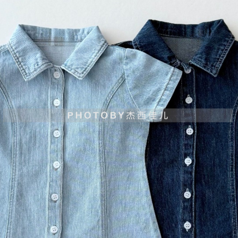Girls Ins Denim Dress Summer New Baby Girl Fashion Denim Lapel Short-Sleeved Button Korean Style A-Line Skirt