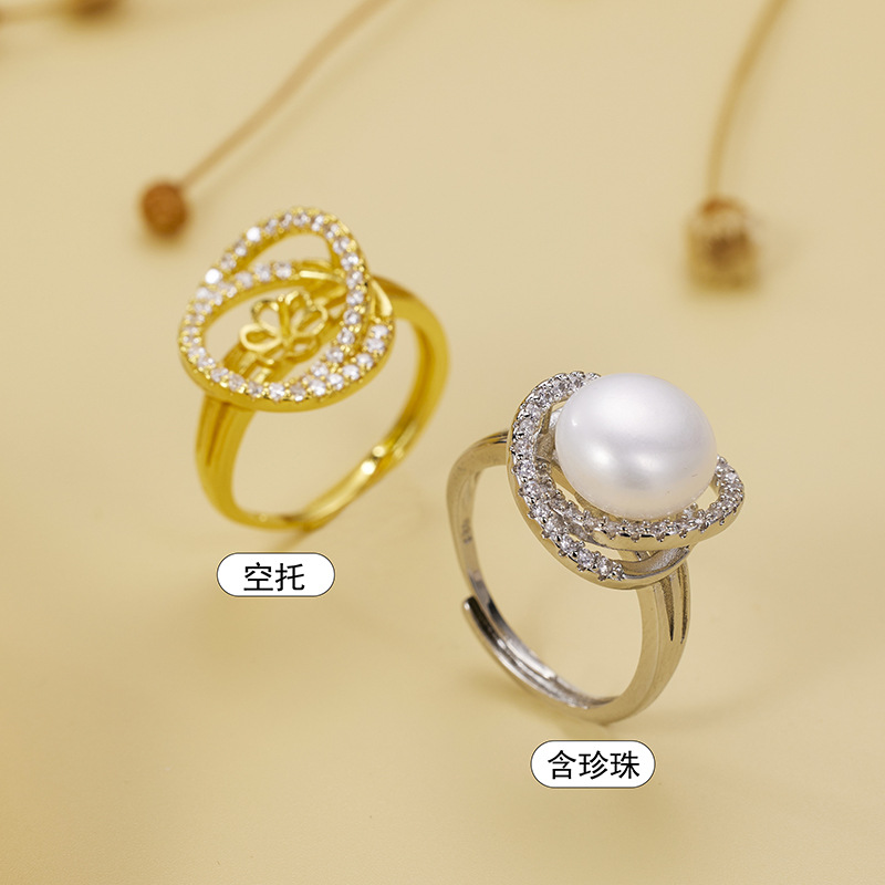 Cross-Border fashion freshwater pearl opening ring zircon vortex ring Joker jewelry DIY empty tray manufacturers wholesale