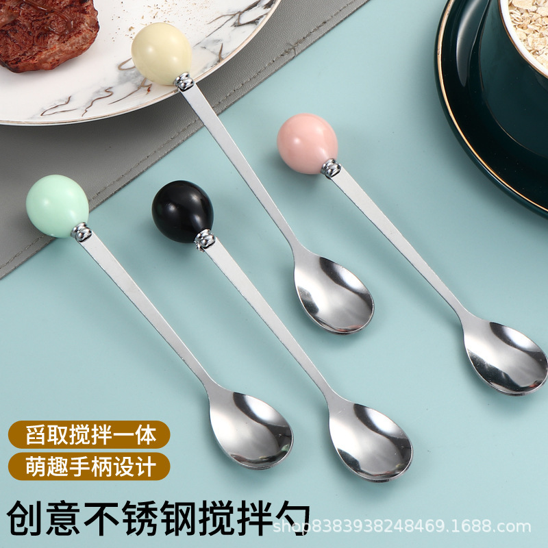 Stainless Steel Imitation Ceramic Handle Spoon Ins Macaron Color Spoon Creative Ball Stainless Steel Fruit Spoon Color Glaze