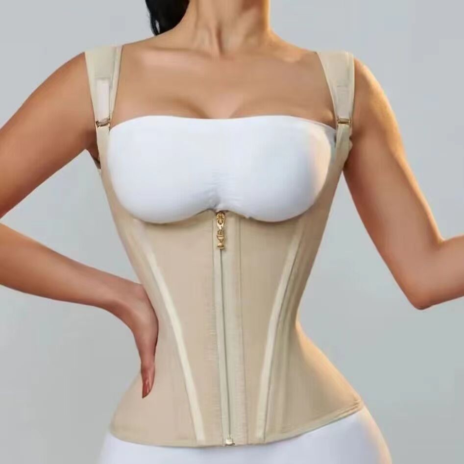 Mesh High-Elastic Waist Trainer with 15 Bones, Posture Correcting Zipper and Button-Up Shapewear Top, Vest Style, Tummy Control Waist Belt, Tight-Fitting Body Shaper