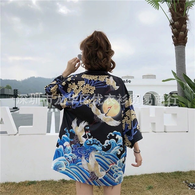 2024 Amazon Cross-border New Japanese Crane Digital Printed Kimono Men's and Women's Cloak Jacket Pajamas Cardigan Summer