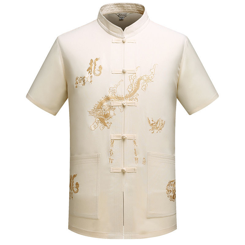 Middle-aged and Elderly Men's Tang Suit Short-sleeved Summer Hanfu Dad's Chinese Style Top with Buckle and Grandpa's Ethnic Costume Chinese Style