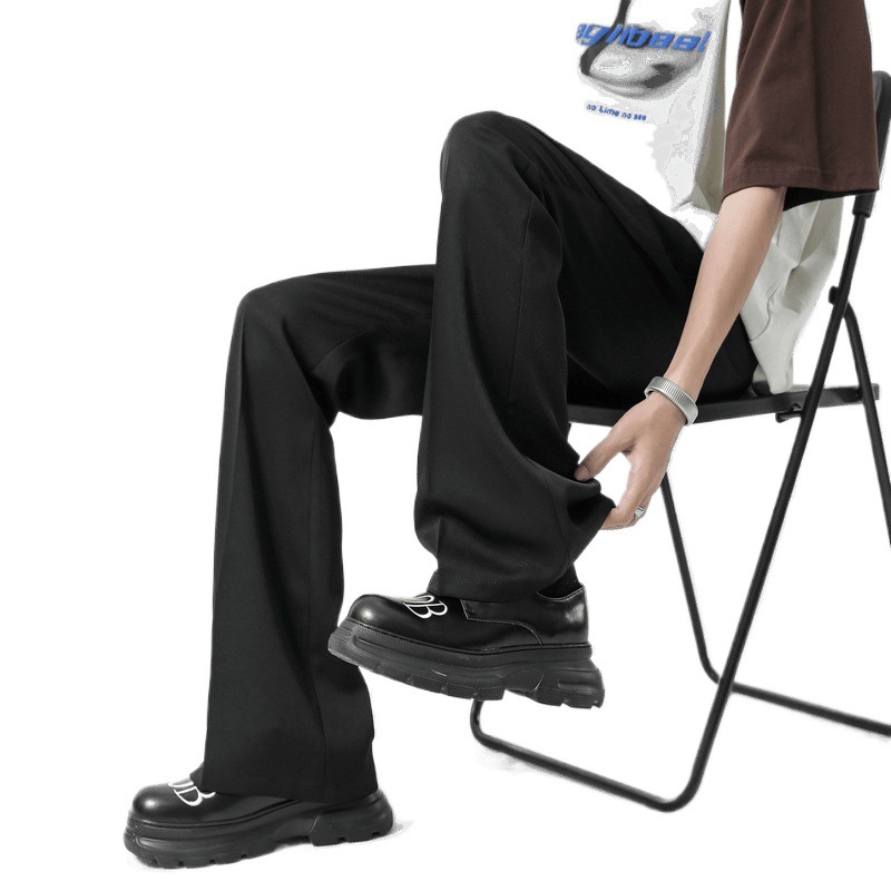 Summer Black Drapey Men's Trousers Spring and Autumn Straight Cleanfit Flared Pants Men's High-End Casual Suit Trousers